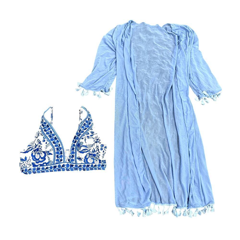 Women's Bikini Top with Cardigan Coverup in Blue, Size M​​